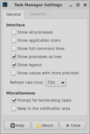 xfce4-taskmanager Settings > General