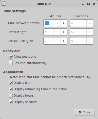 Time Out Plugin Configuration Dialog Window