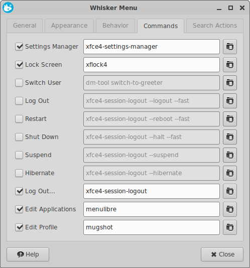 Whisker Menu: Command Options Tab