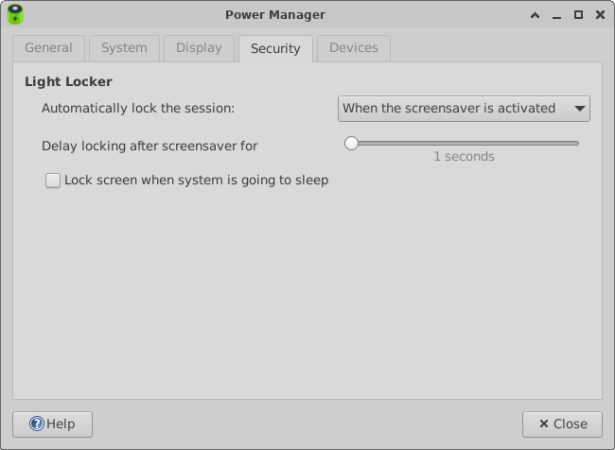 Power Manager Security tab Power Manager Security tab