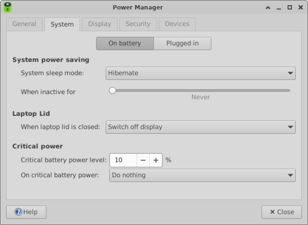 Power Manager Preferences System Tab Power Manager Preferences System Tab